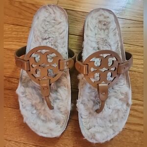 Tory Burch Miller Cloud Brown Leather Shearling Sandals